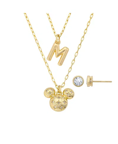 Disney Mickey Mouse Cubic Zirconia Initial Pendant Necklace And Earring Set In Gold