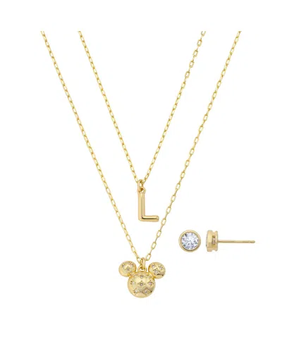 Disney Mickey Mouse Cubic Zirconia Initial Pendant Necklace And Earring Set In Gold