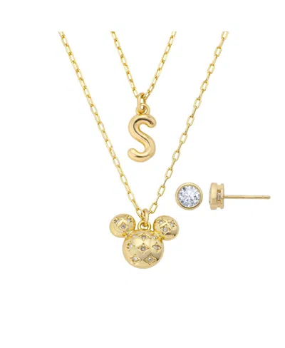 Disney Mickey Mouse Cubic Zirconia Initial Pendant Necklace And Earring Set In Gold