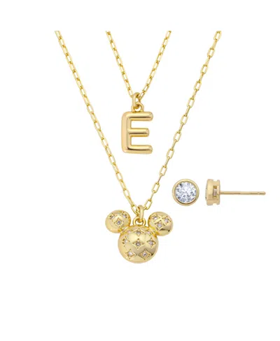 Disney Mickey Mouse Cubic Zirconia Initial Pendant Necklace And Earring Set In Gold