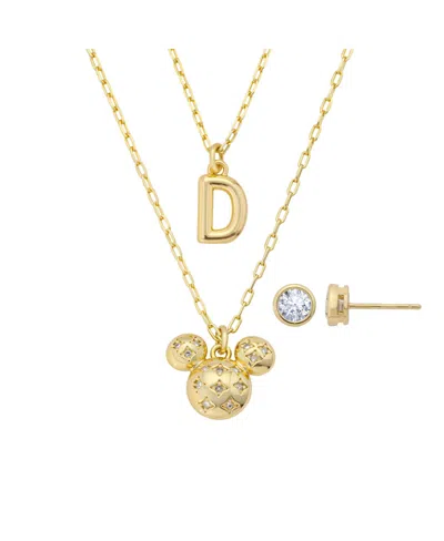 Disney Mickey Mouse Cubic Zirconia Initial Pendant Necklace And Earring Set In Gold