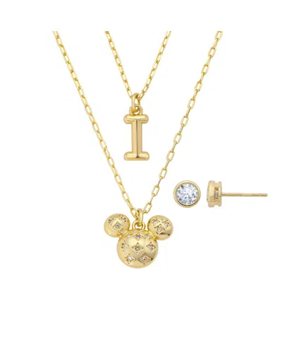 Disney Mickey Mouse Cubic Zirconia Initial Pendant Necklace And Earring Set In Gold