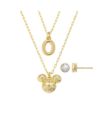 Disney Mickey Mouse Cubic Zirconia Initial Pendant Necklace And Earring Set In Gold