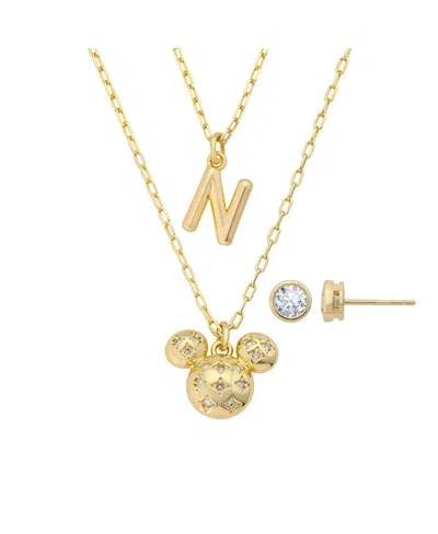 Disney Mickey Mouse Cubic Zirconia Initial Pendant Necklace And Earring Set In Gold