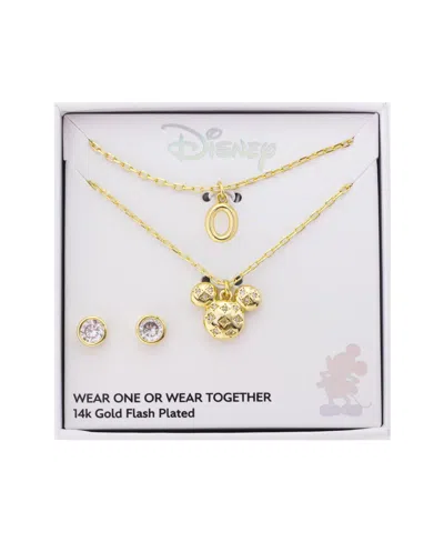 Disney Mickey Mouse Cubic Zirconia Initial Pendant Necklace And Earring Set In Gold