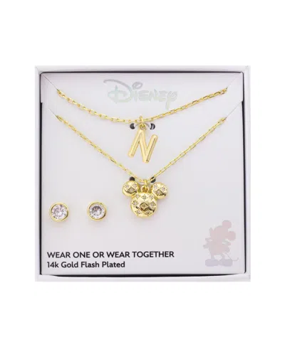 Disney Mickey Mouse Cubic Zirconia Initial Pendant Necklace And Earring Set In Gold