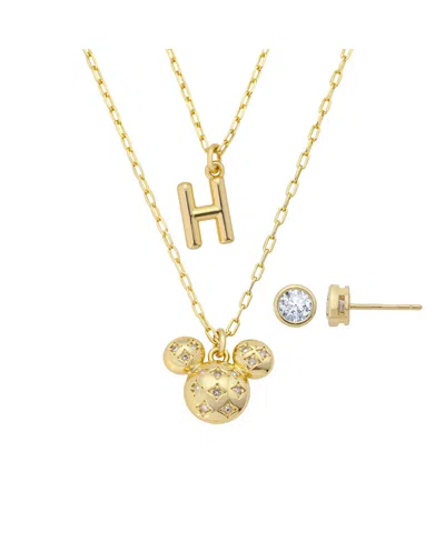 Disney Mickey Mouse Cubic Zirconia Initial Pendant Necklace And Earring Set In Gold