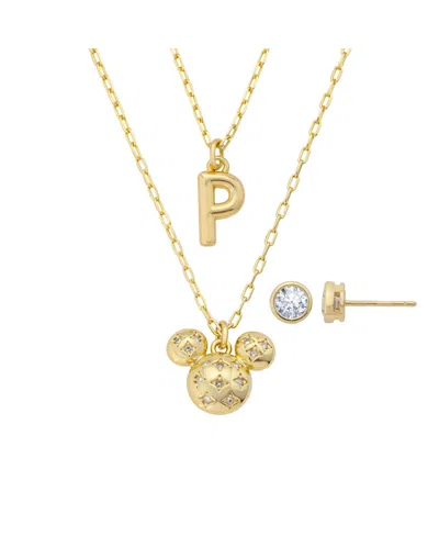 Disney Mickey Mouse Cubic Zirconia Initial Pendant Necklace And Earring Set In Gold