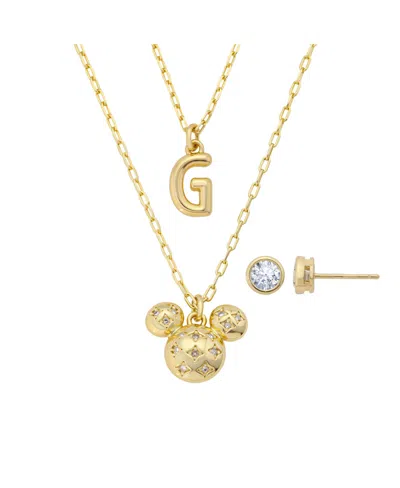 Disney Mickey Mouse Cubic Zirconia Initial Pendant Necklace And Earring Set In Gold