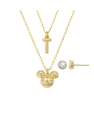 Disney Mickey Mouse Cubic Zirconia Initial Pendant Necklace And Earring Set In Gold