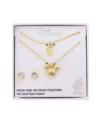 Disney Mickey Mouse Cubic Zirconia Initial Pendant Necklace And Earring Set In Gold