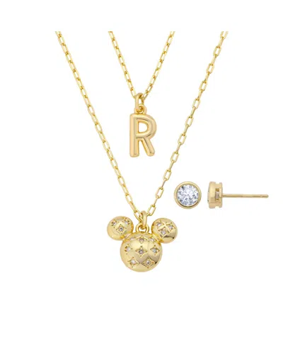 Disney Mickey Mouse Cubic Zirconia Initial Pendant Necklace And Earring Set In Gold
