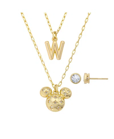 Disney Mickey Mouse Cubic Zirconia Initial Pendant Necklace And Earring Set In Gold