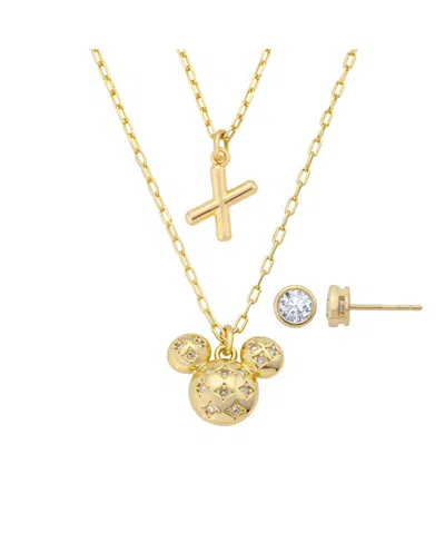 Disney Mickey Mouse Cubic Zirconia Initial Pendant Necklace And Earring Set In Gold
