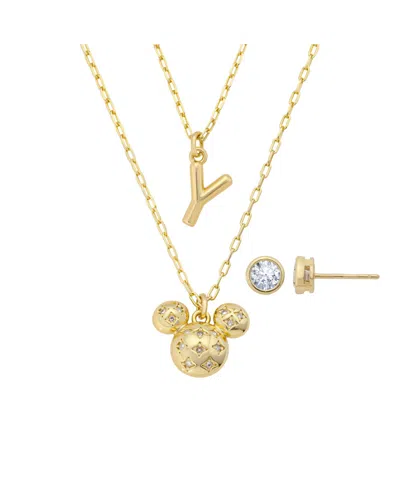 Disney Mickey Mouse Cubic Zirconia Initial Pendant Necklace And Earring Set In Gold