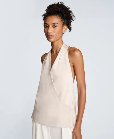 Kenneth Cole Satin Crossover Halter Blouse In Neutral