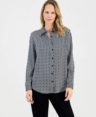 Kasper Women's Geometric-print Button-front Shirt In Gray