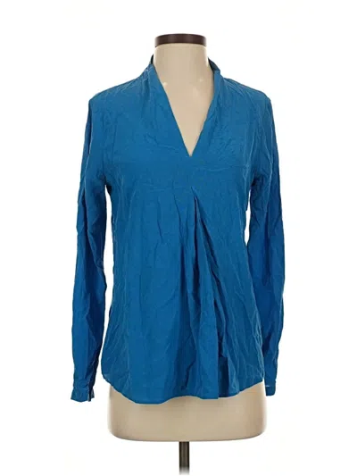 Pre-owned Ecru Long Sleeve Silk Top Blue Plunge Neckline Tops