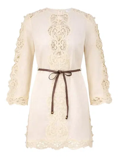 Zimmermann Awaken Long Sleeve Lace Trim Linen Minidress In Neutral