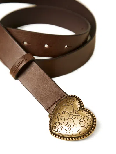 Twinset Heart Leather Belt In Brown