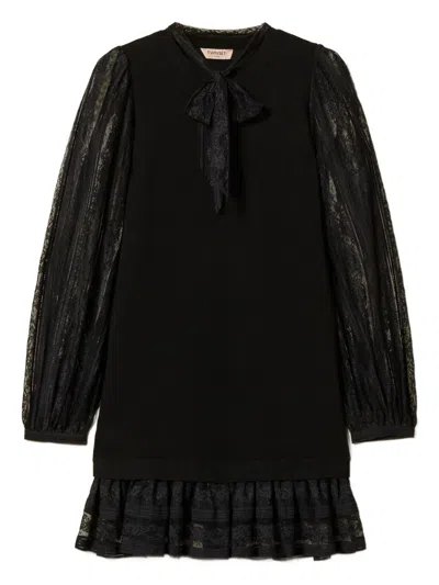 Twinset Lace Short Knit Dress In Black
