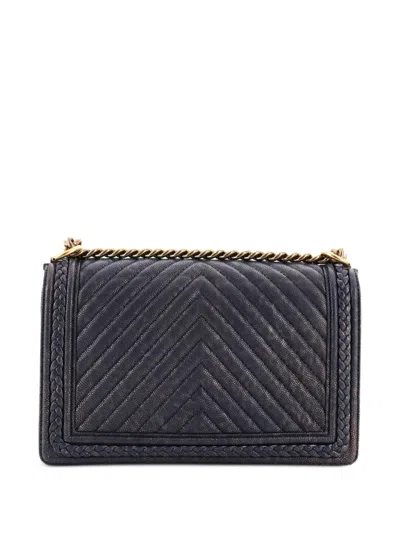Pre-owned Chanel Braided Boy Flap Bag Patinated Chevron Caviar New Medium Shoulder Bag In Blue