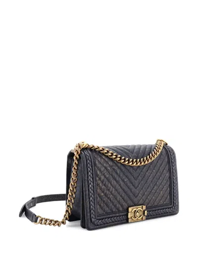 Pre-owned Chanel Braided Boy Flap Bag Patinated Chevron Caviar New Medium Shoulder Bag In Blue