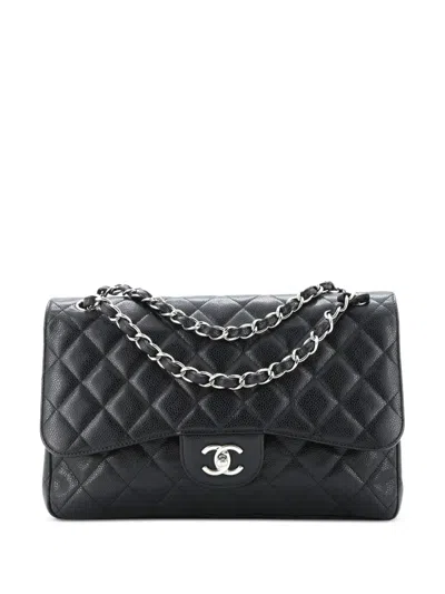 Pre-owned Chanel Classic Double Flap Bag Quilted Caviar Jumbo Shoulder Bag In Black