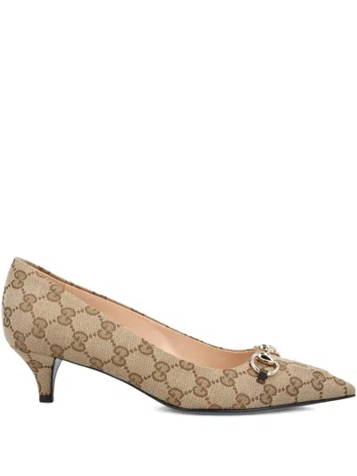 Gucci Women Beige And Dark Brown Gg Canvas Pumps With Horsebit In Brown