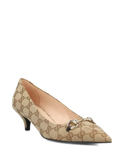 Gucci Women Beige And Dark Brown Gg Canvas Pumps With Horsebit In Brown