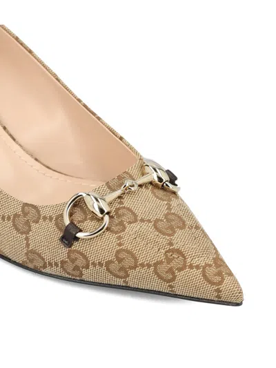 Gucci Women Beige And Dark Brown Gg Canvas Pumps With Horsebit In Brown