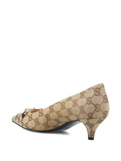 Gucci Women Beige And Dark Brown Gg Canvas Pumps With Horsebit In Brown