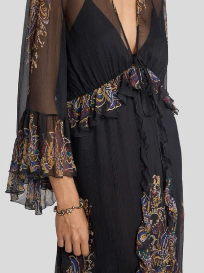 Etro Long Silk Dress With Placed Paisley Foliage Print In Multi