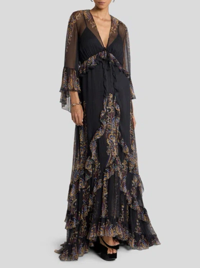 Etro Long Silk Dress With Placed Paisley Foliage Print In Multi