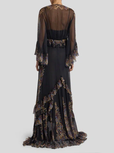 Etro Long Silk Dress With Placed Paisley Foliage Print In Multi