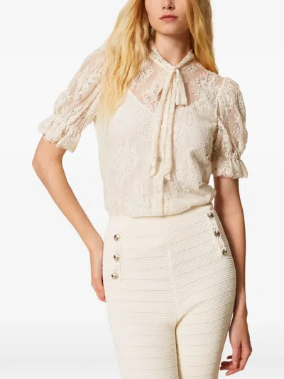 Twinset Lace Bow-collar Shirt In White