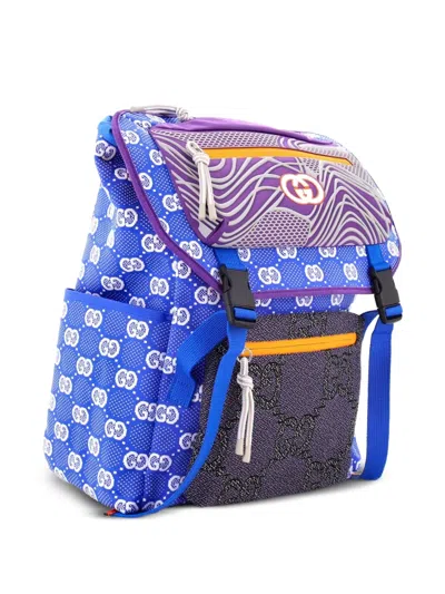 Pre-owned Gucci Panelled Double Buckle Gg Jacquard Nylon And Rubber Large Backpack In Blue