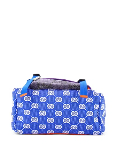 Pre-owned Gucci Panelled Double Buckle Gg Jacquard Nylon And Rubber Large Backpack In Blue
