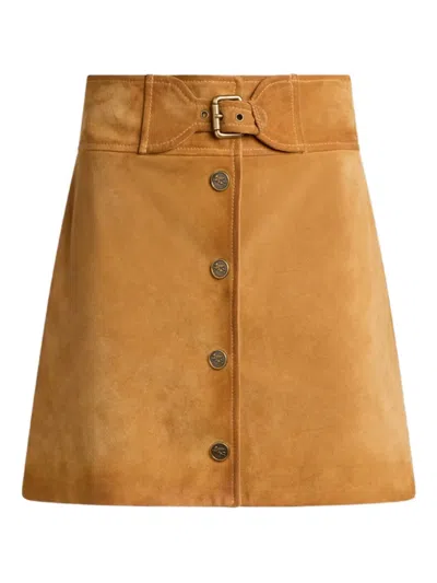 Etro Buckle Button Suede Mini Skirt In Brown