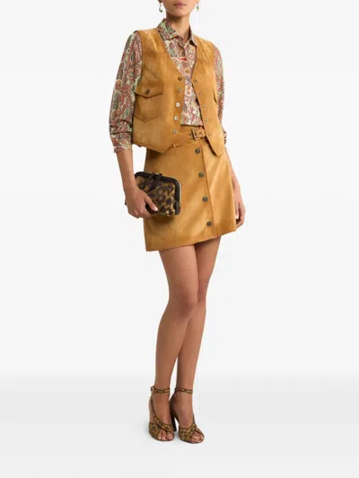 Etro Buckle Button Suede Mini Skirt In Brown