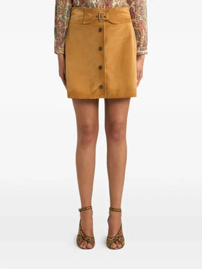 Etro Buckle Button Suede Mini Skirt In Brown