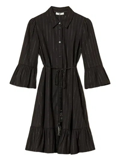 Twinset Pinstriped Ruffled Mini Dress In Black