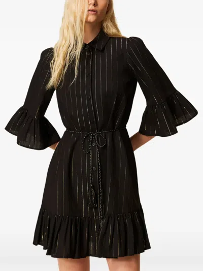 Twinset Pinstriped Ruffled Mini Dress In Black