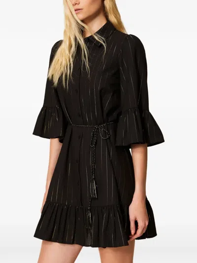 Twinset Pinstriped Ruffled Mini Dress In Black