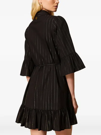 Twinset Pinstriped Ruffled Mini Dress In Black
