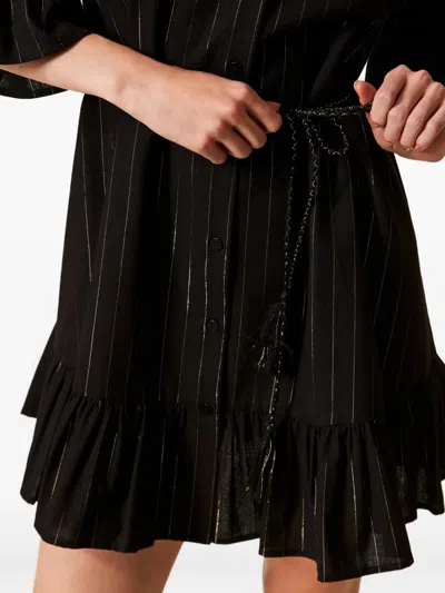 Twinset Pinstriped Ruffled Mini Dress In Black