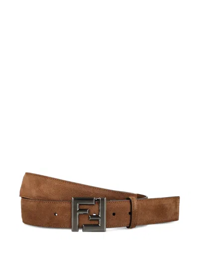 Fendi Men Brown Belt With Ff Buckle Closure In Suede Man In Brown