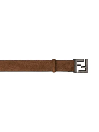 Fendi Men Brown Belt With Ff Buckle Closure In Suede Man In Brown
