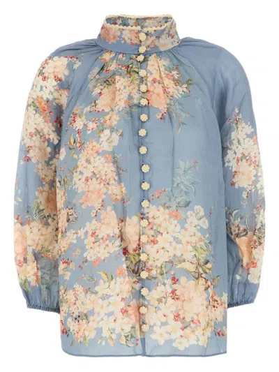 Zimmermann Cascadian Billowed Ramie Shirt In Blue