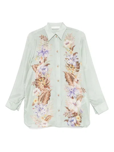 Zimmermann Floral Silk Shirt Featuring Buttoned Cuffs In Green